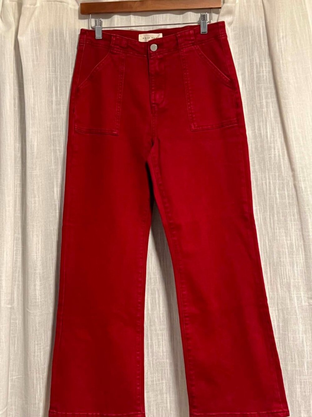 Risen Jeans High Rise Patch Pockets Wide Let Scarlet Red Size 7/28